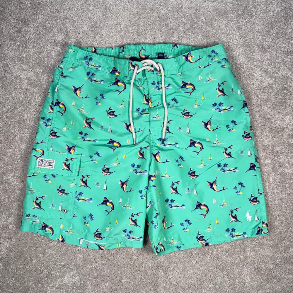 Polo Ralph Lauren Men's L Green Marlin Fish Print Swim Trunks Shorts 6" Inseam
